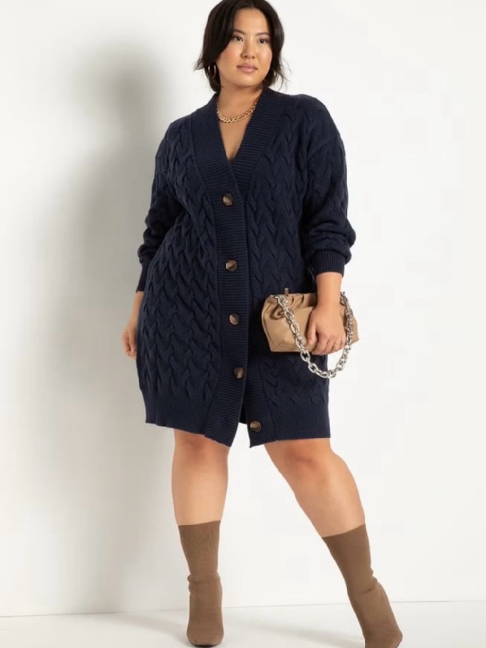 Eloquii cable knit button front mini dress cardigan